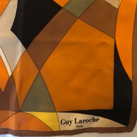Guy Laroche Paris geometric design scarf.  Orange, rust, brown, black, green. - Picture 2 of 7